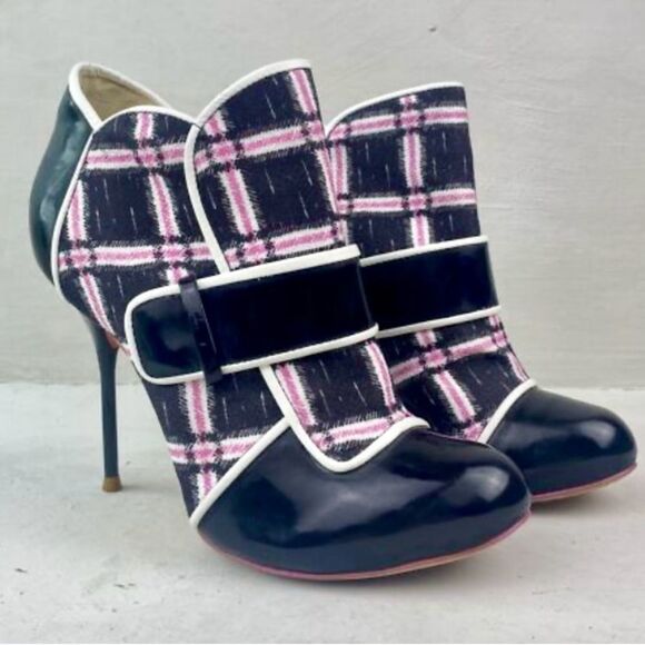 Sophia Webster Plaid Patent Leather High Heel Ankle Boots Black Pink Size EU 39 - Picture 1 of 16